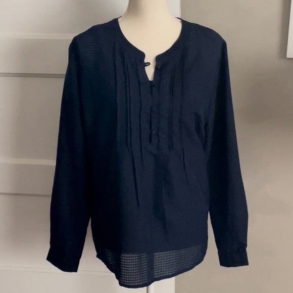 Navy blue mini check covered button blouse mandarin collar - Picture 1 of 12